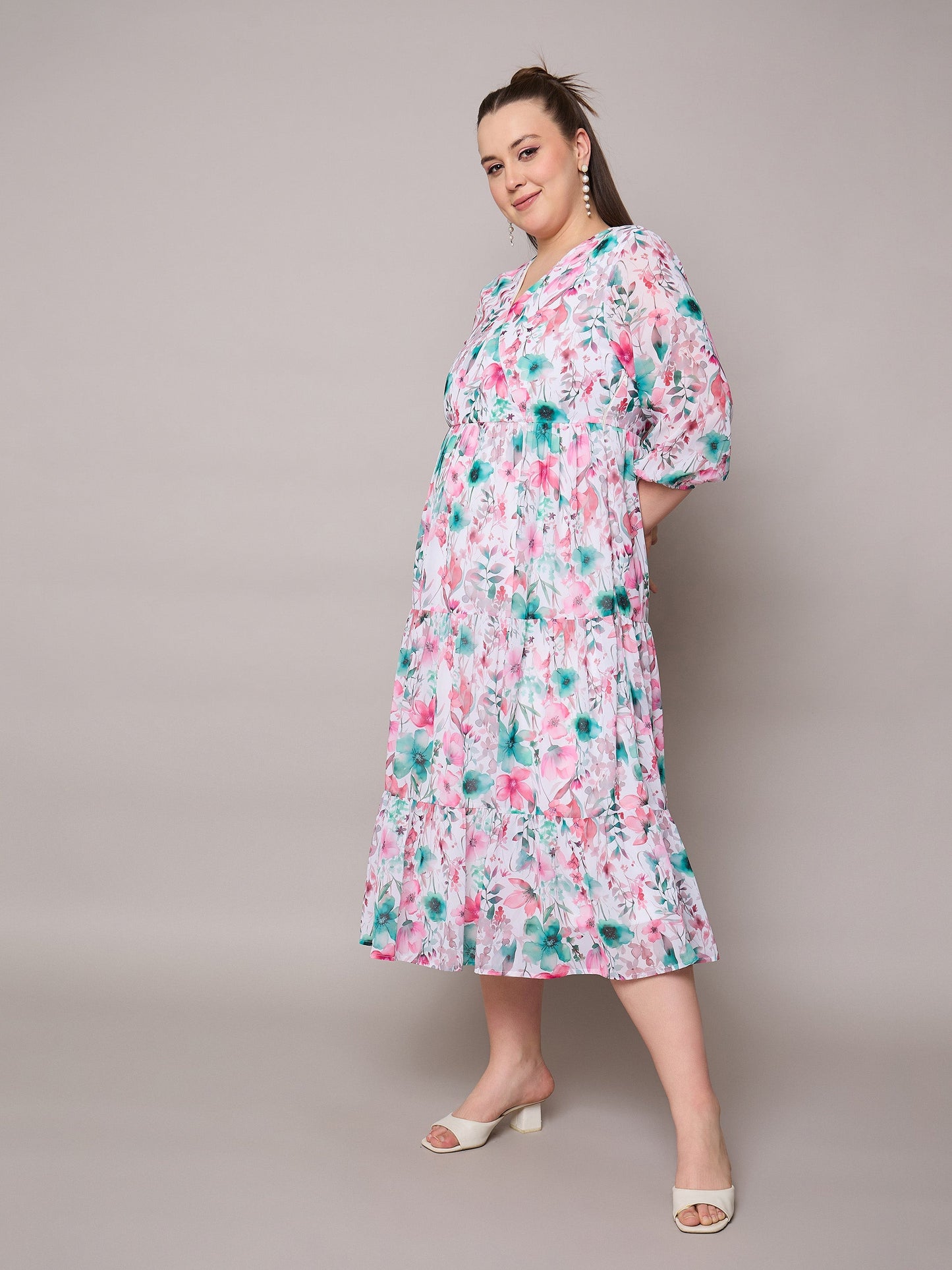 Pink Floral Wrap Neck Tiered Midi Dress-SASSAFRAS Curve
