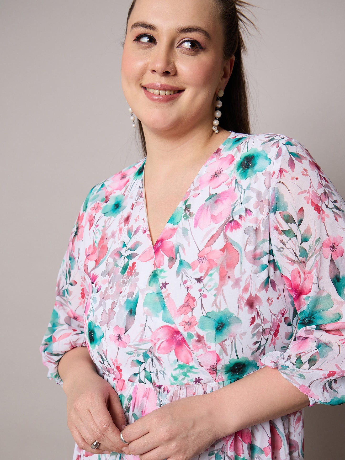 Pink Floral Wrap Neck Tiered Midi Dress-SASSAFRAS Curve