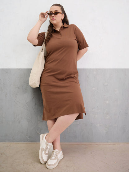 Plus size women's Brown 100% Cotton Brown Polo Neck Side Slit Midi Dress by Sassafras Curve for wholesale buyers, boutiques, resellers and bulk
