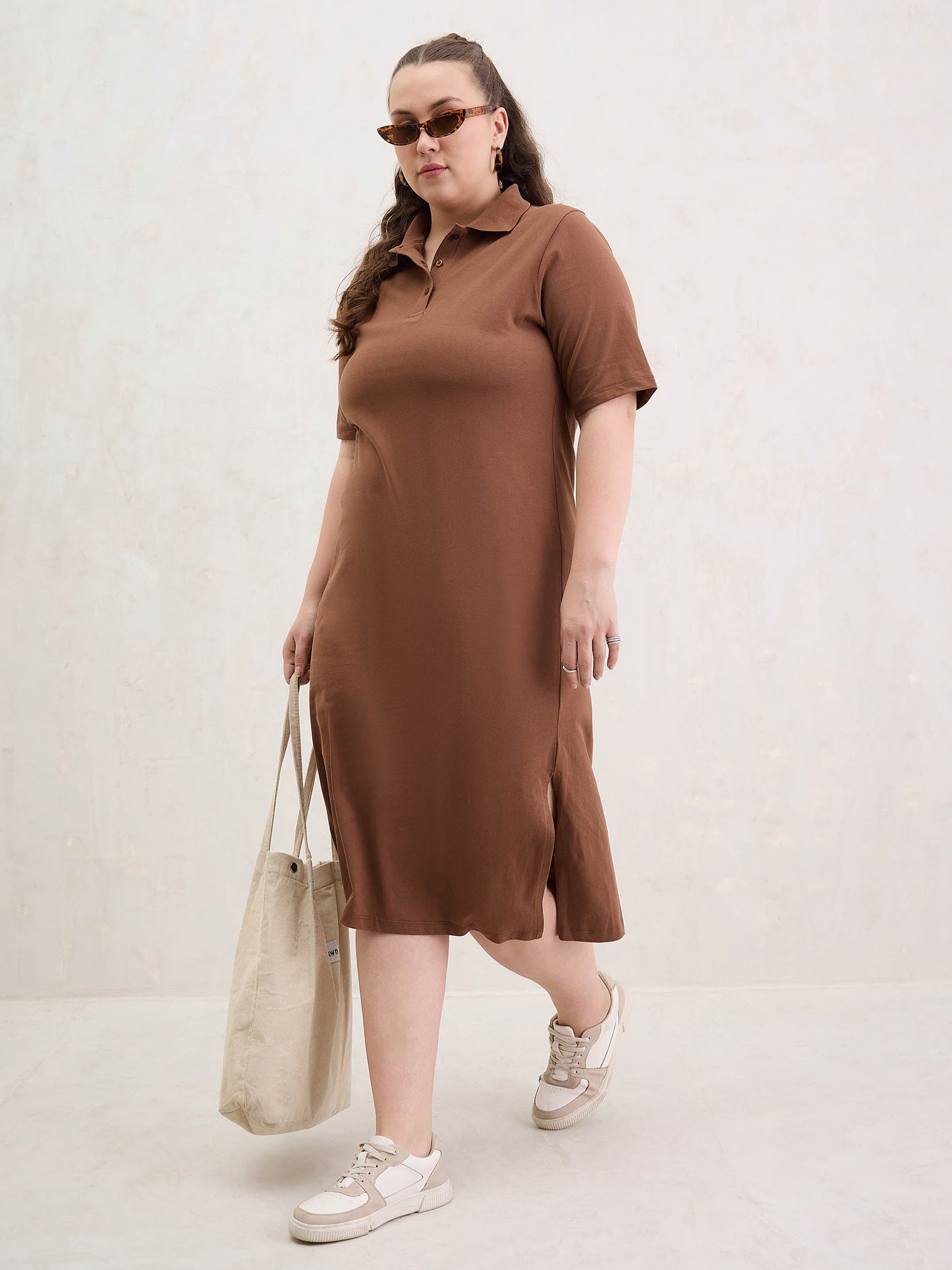 Brown Polo Neck Side Slit Midi Dress-SASSAFRAS Curve