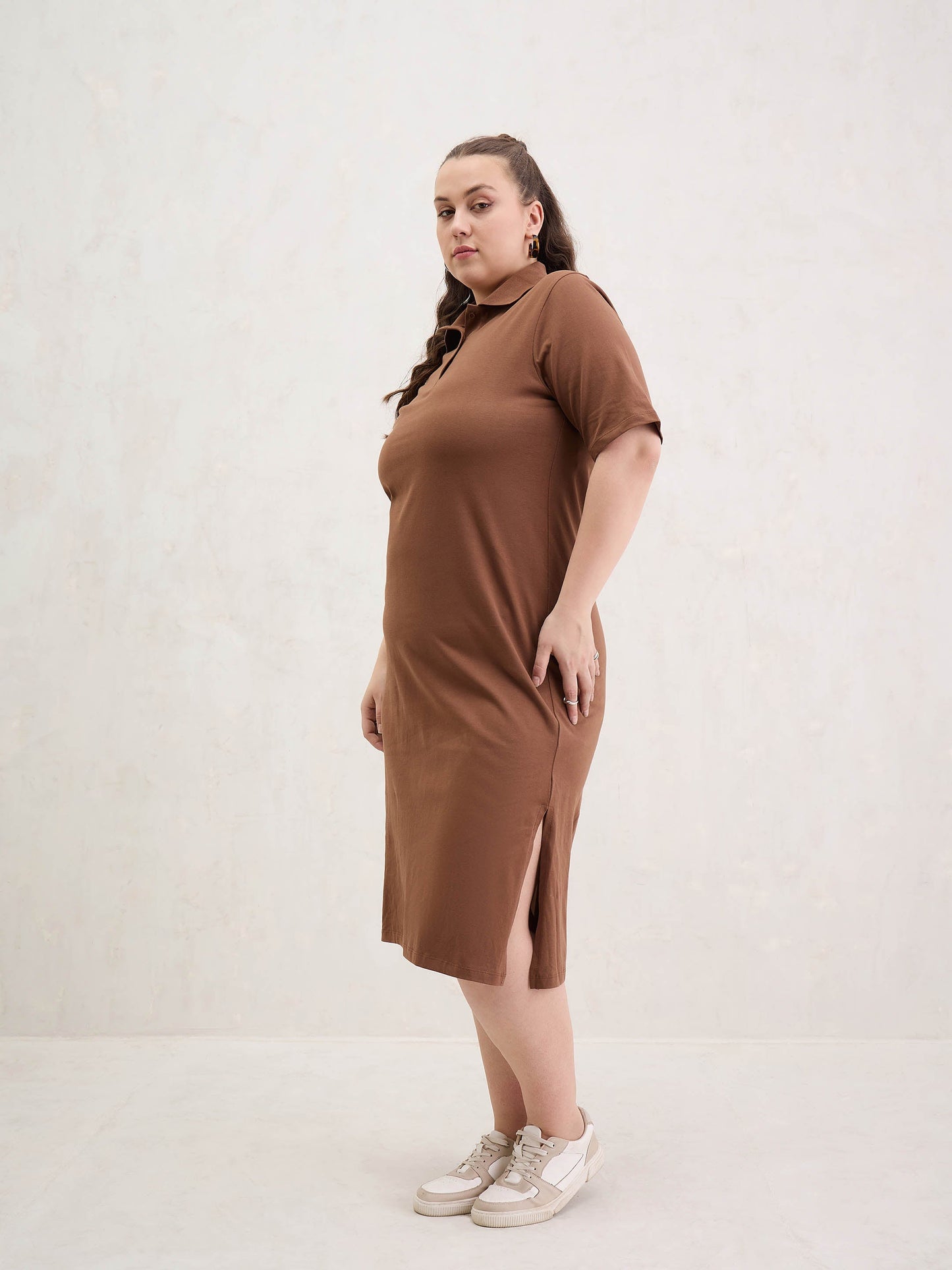 Brown Polo Neck Side Slit Midi Dress-SASSAFRAS Curve