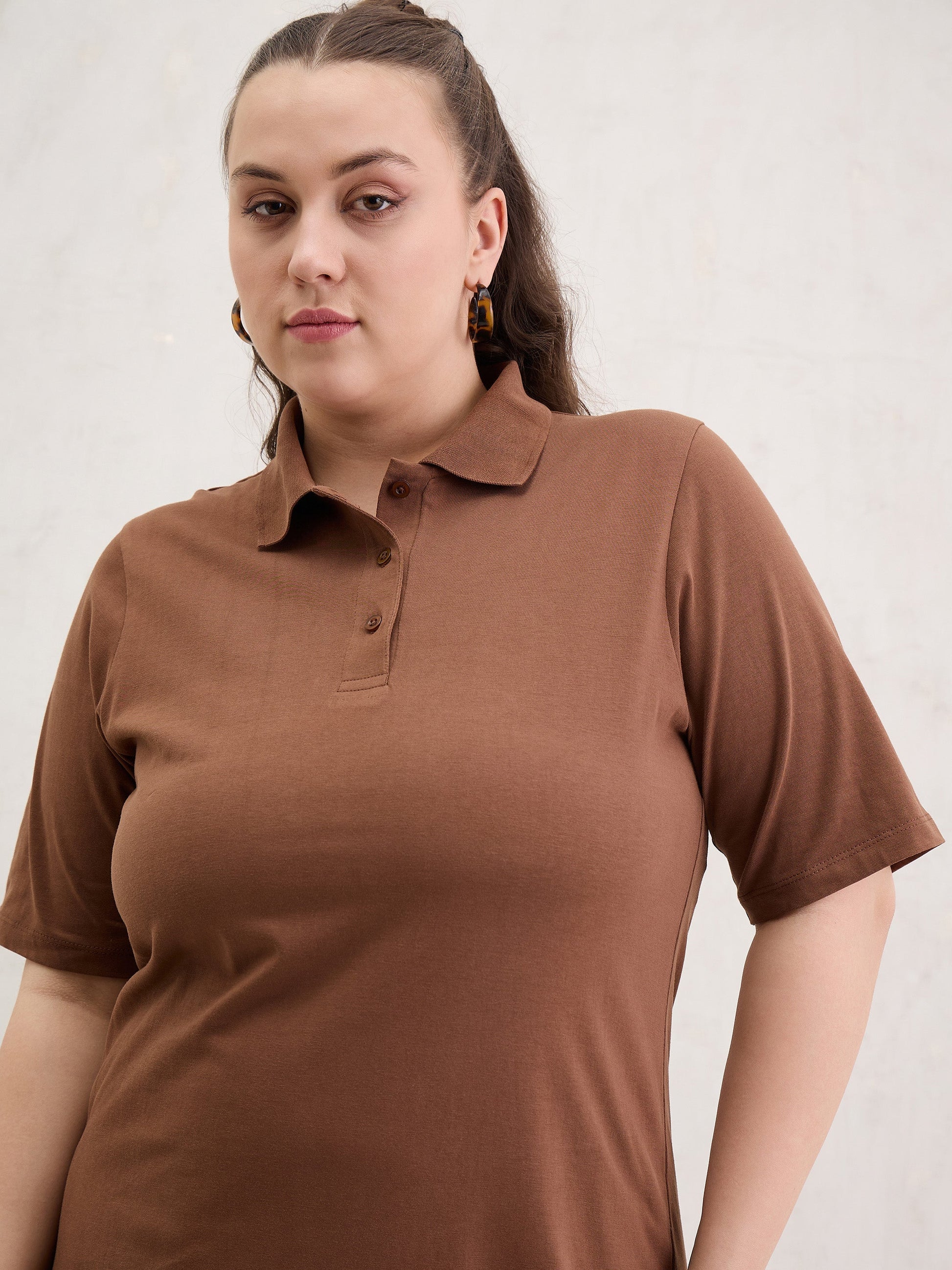 Brown Polo Neck Side Slit Midi Dress-SASSAFRAS Curve