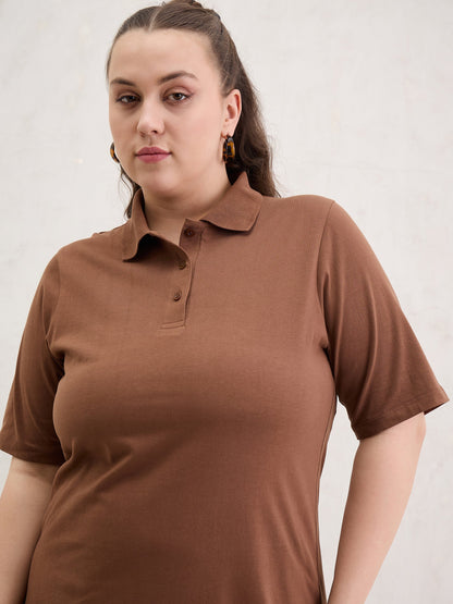 Brown Polo Neck Side Slit Midi Dress-SASSAFRAS Curve