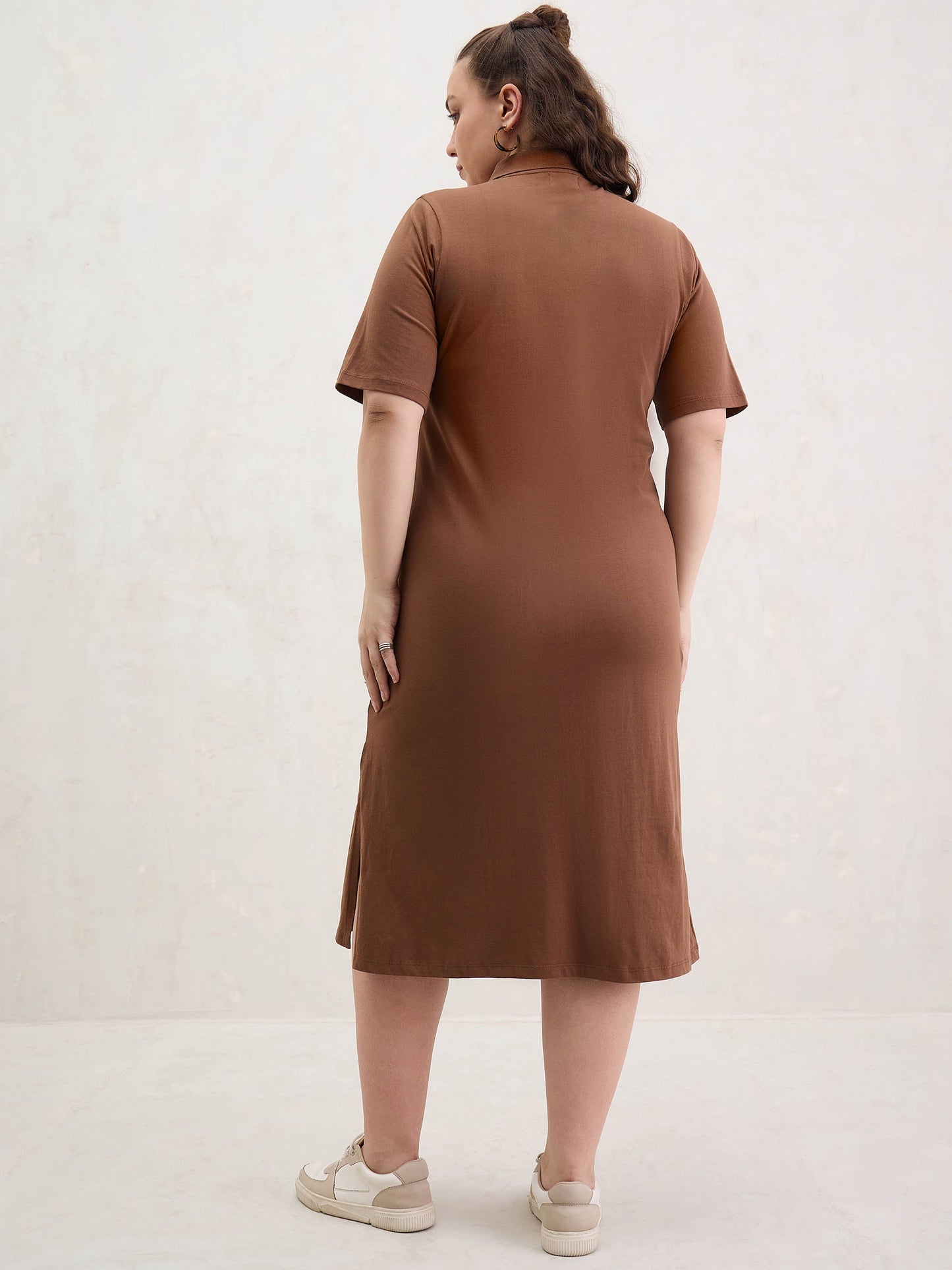Brown Polo Neck Side Slit Midi Dress-SASSAFRAS Curve