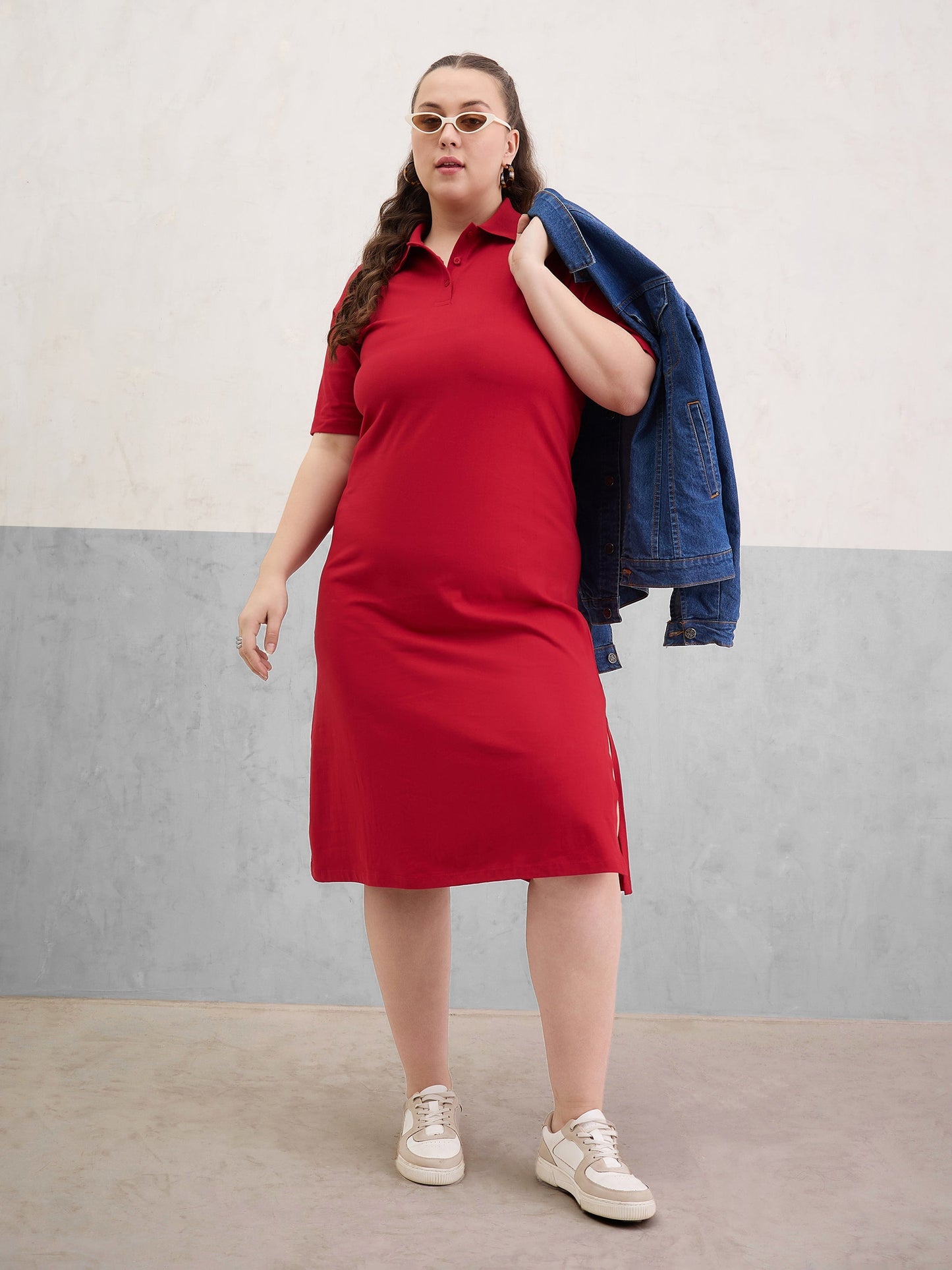 Plus size women's Red 100% Cotton Red Polo Neck Side Slit Midi Dress by Sassafras Curve for wholesale buyers, boutiques, resellers and bulk orders