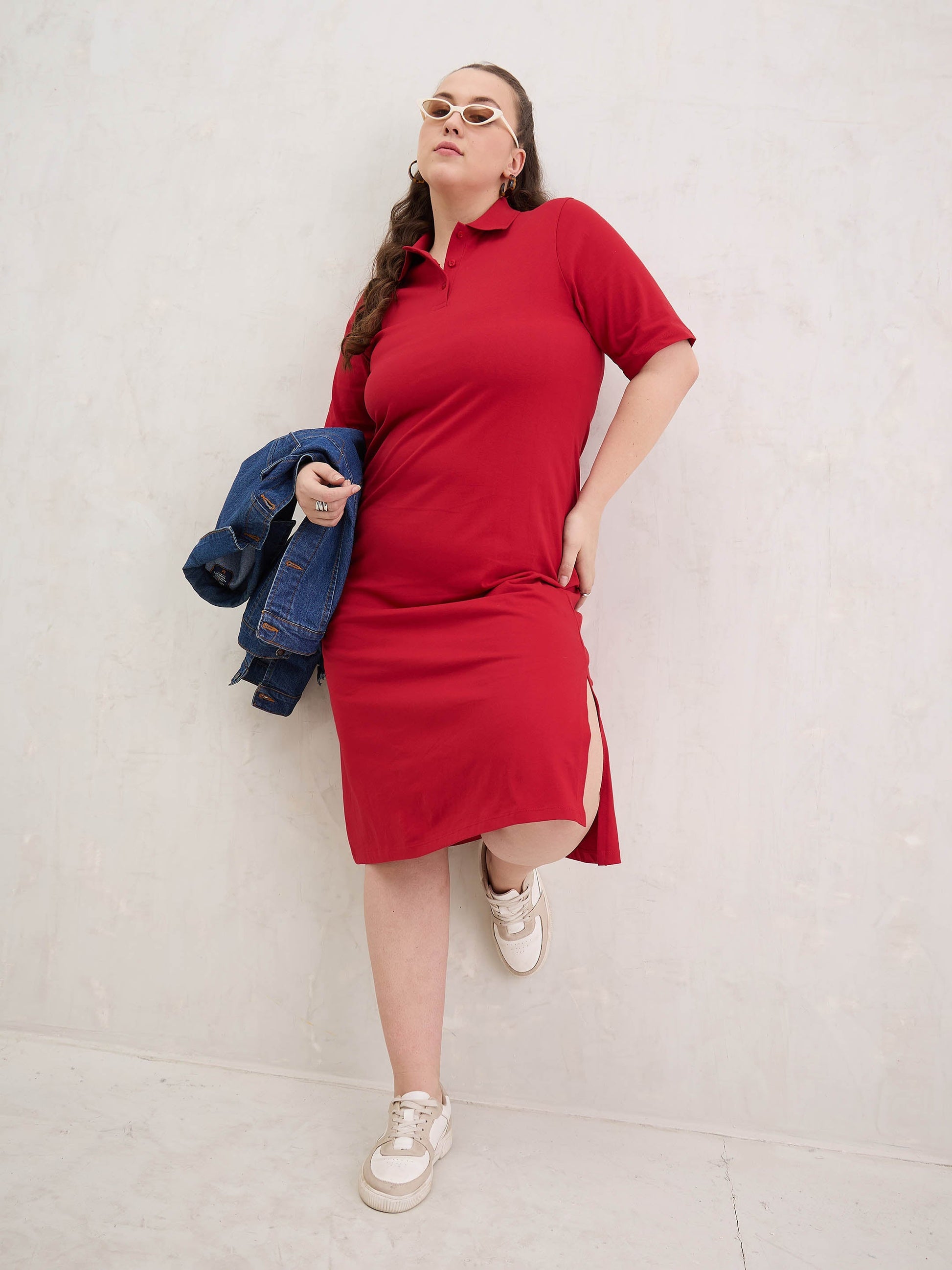 Red Polo Neck Side Slit Midi Dress-SASSAFRAS Curve