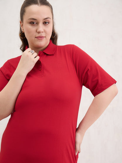 Red Polo Neck Side Slit Midi Dress-SASSAFRAS Curve