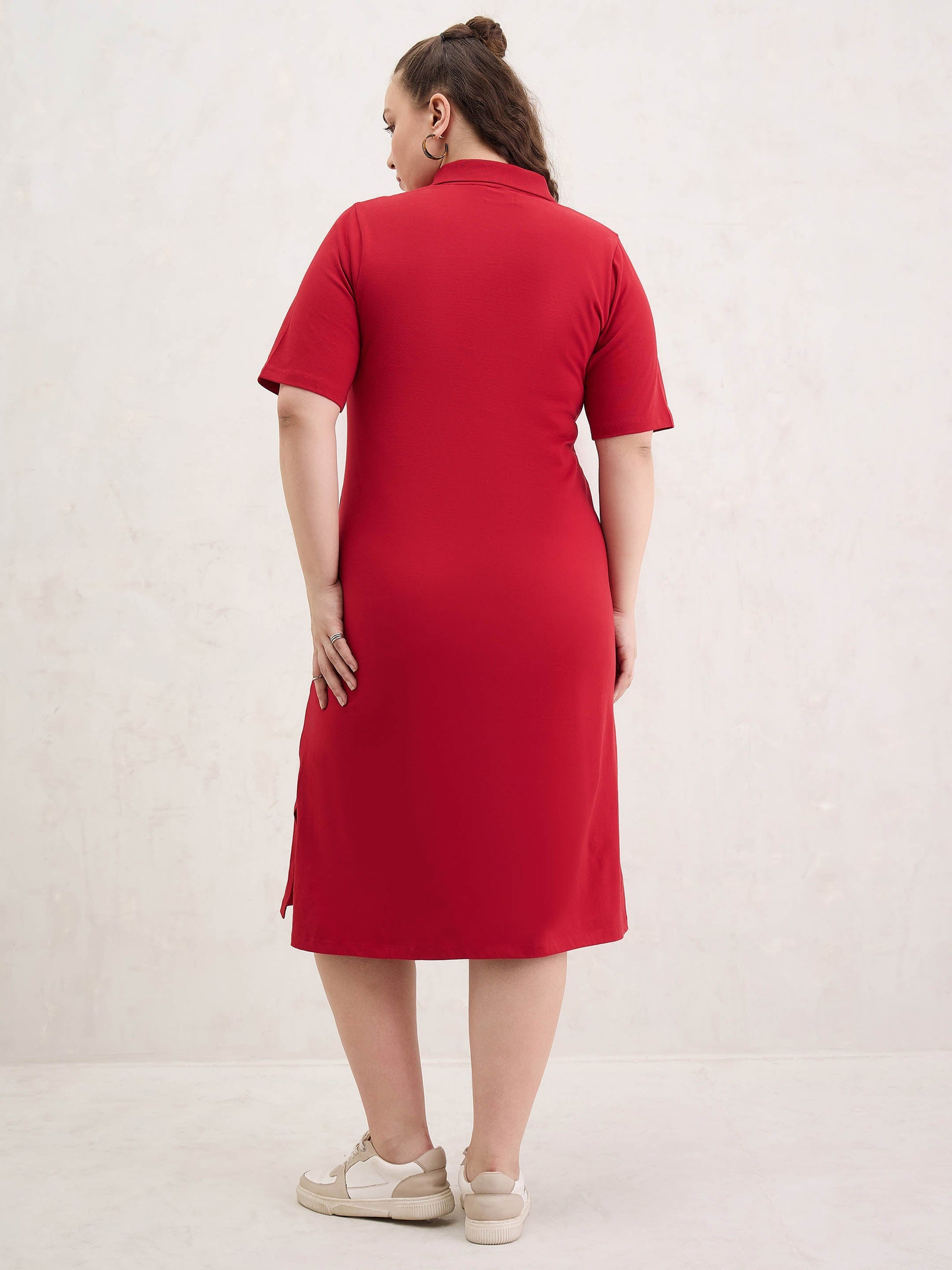 Red Polo Neck Side Slit Midi Dress-SASSAFRAS Curve