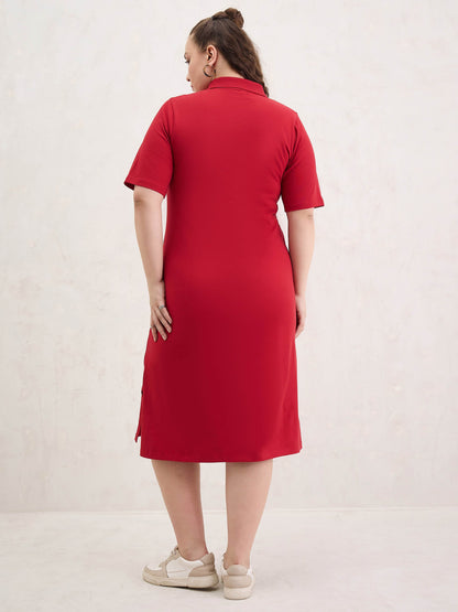 Red Polo Neck Side Slit Midi Dress-SASSAFRAS Curve