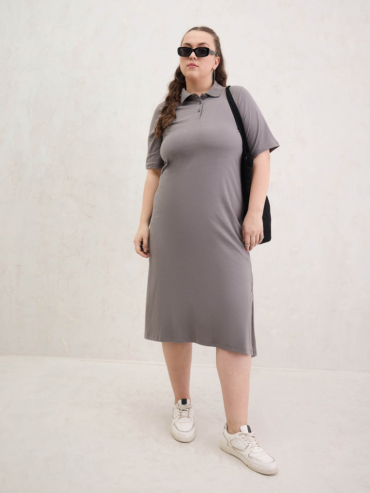 Grey Polo Neck Side Slit Midi Dress-SASSAFRAS Curve