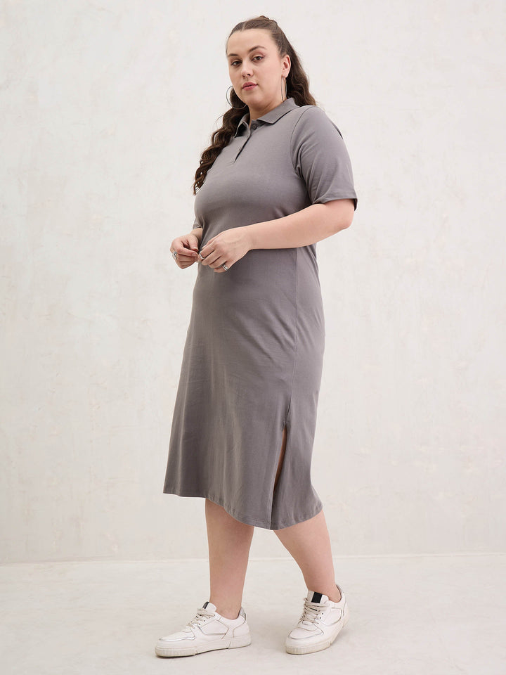 Grey Polo Neck Side Slit Midi Dress-SASSAFRAS Curve