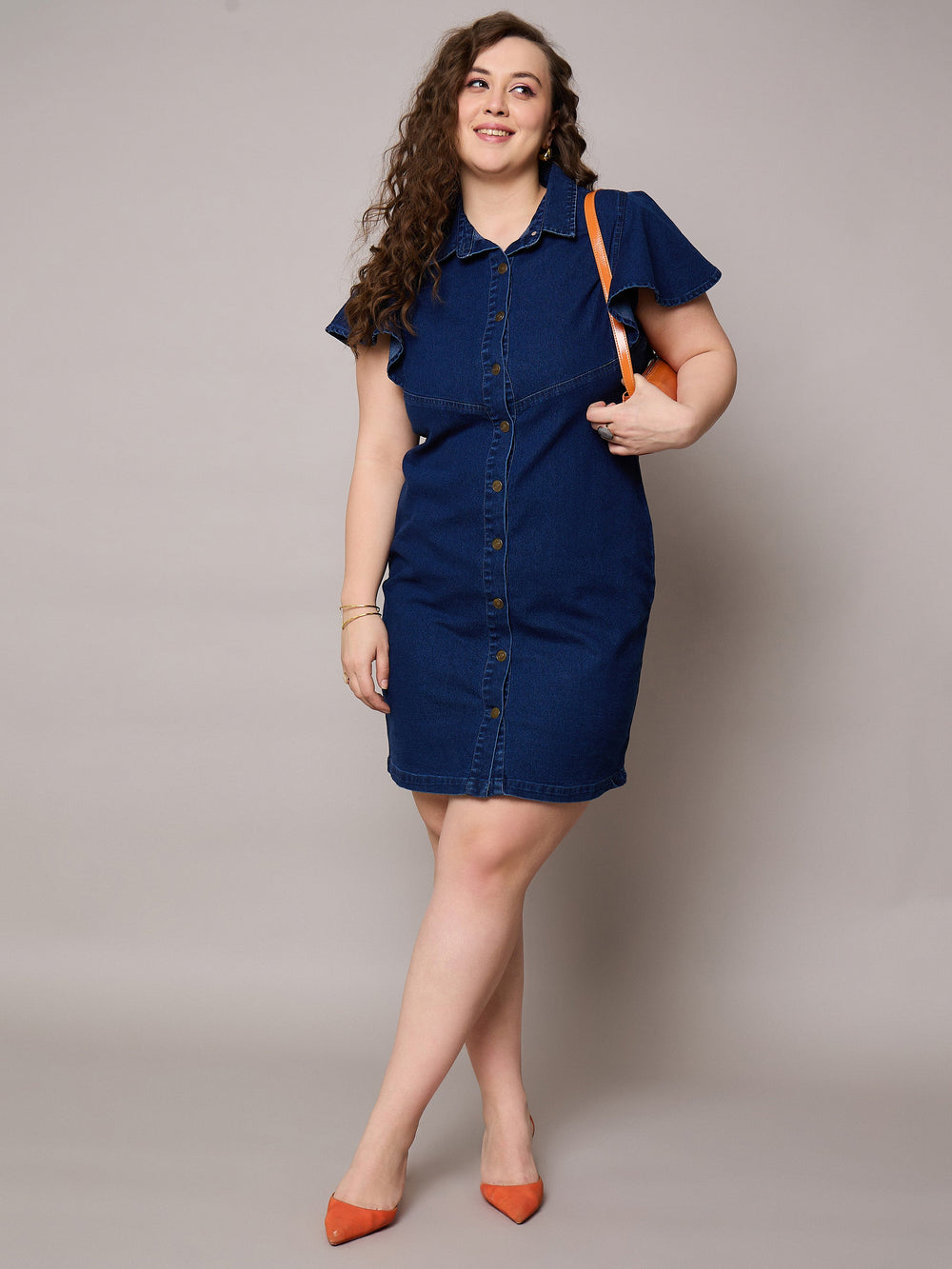 Navy Denim Front Button Short Dress-SASSAFRAS Curve