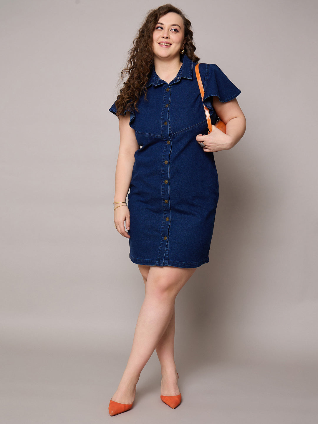 Navy Denim Front Button Short Dress-SASSAFRAS Curve