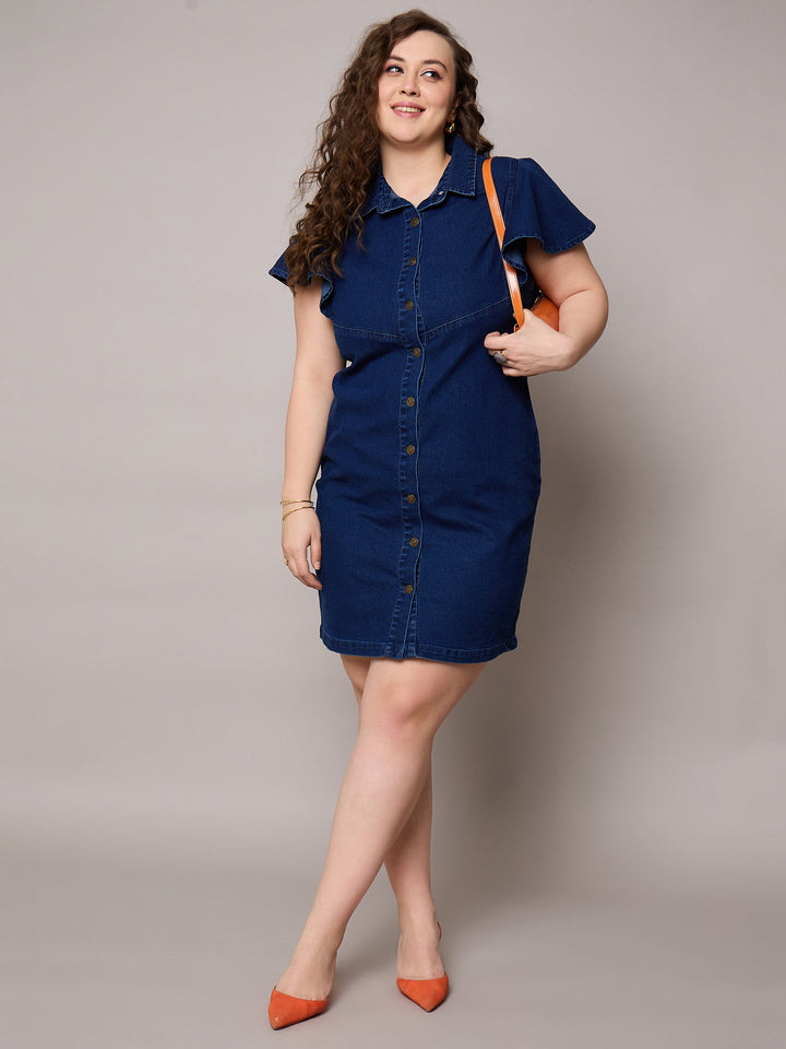 Navy Denim Front Button Short Dress-SASSAFRAS Curve