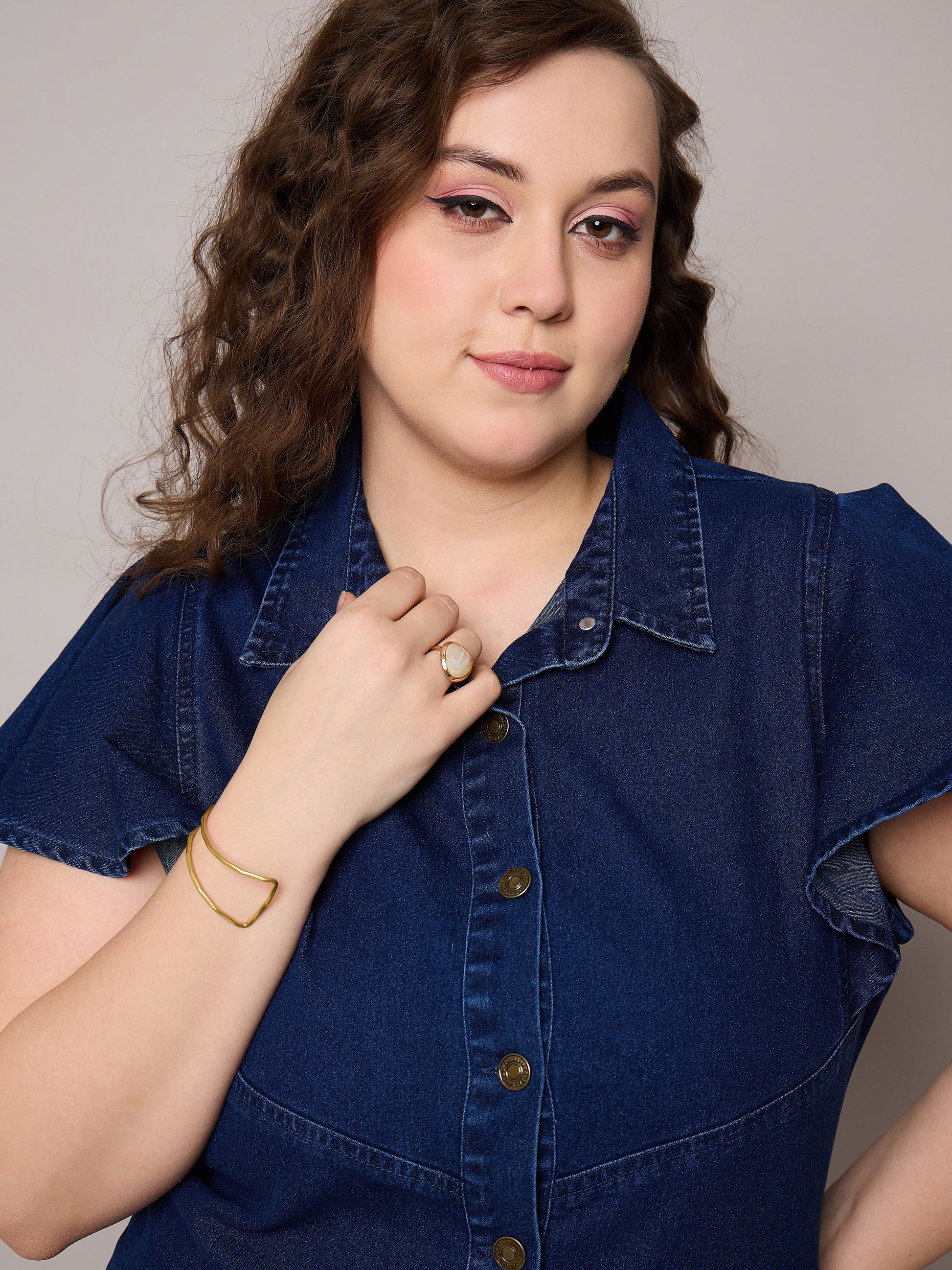Navy Denim Front Button Short Dress-SASSAFRAS Curve