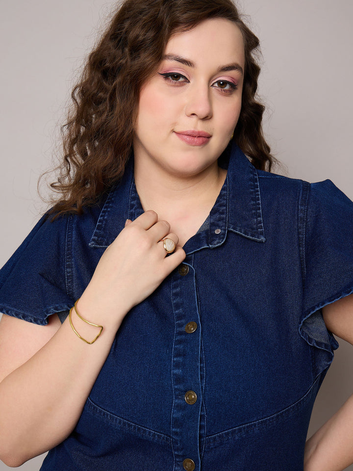 Navy Denim Front Button Short Dress-SASSAFRAS Curve