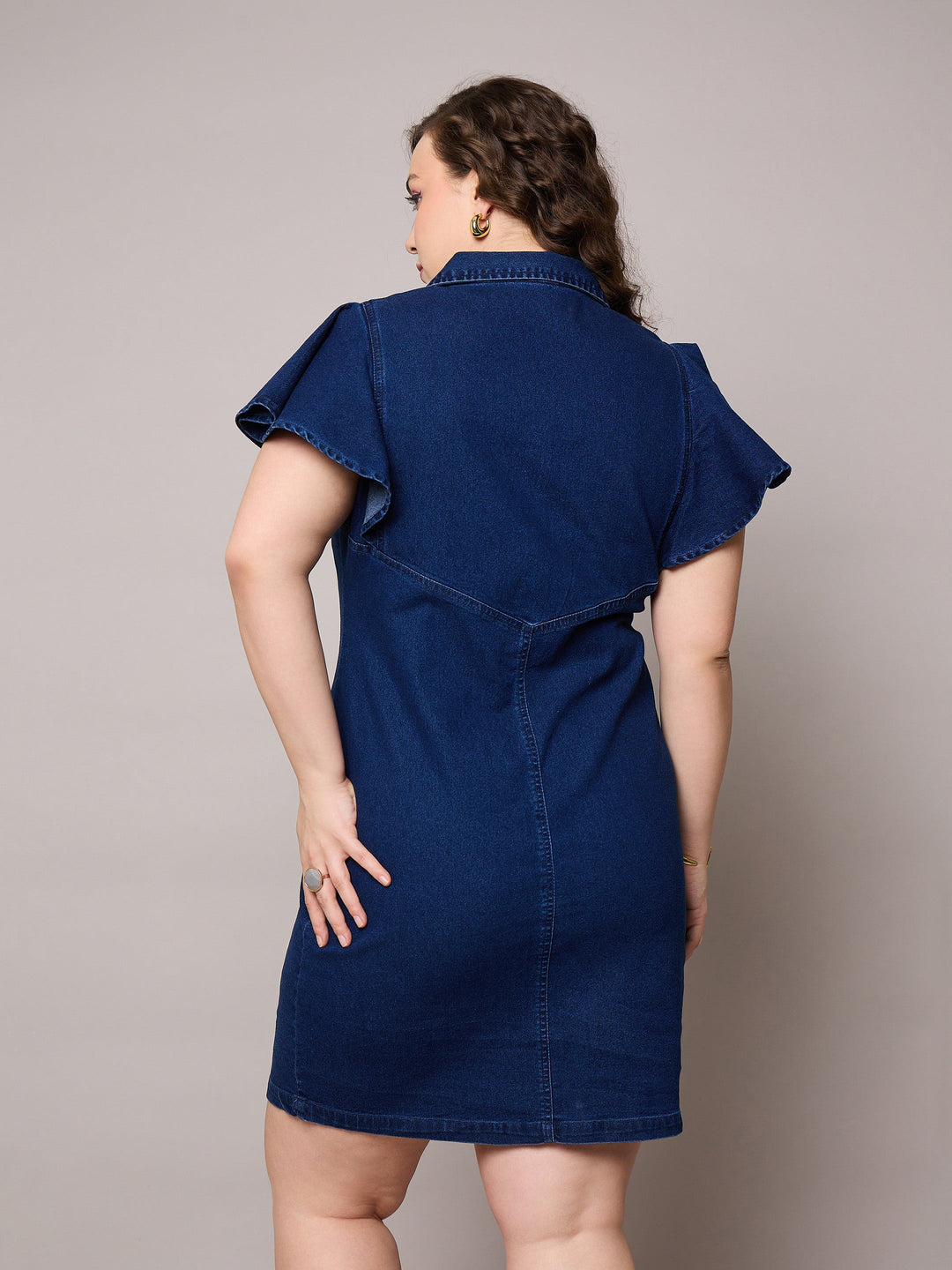 Navy Denim Front Button Short Dress-SASSAFRAS Curve