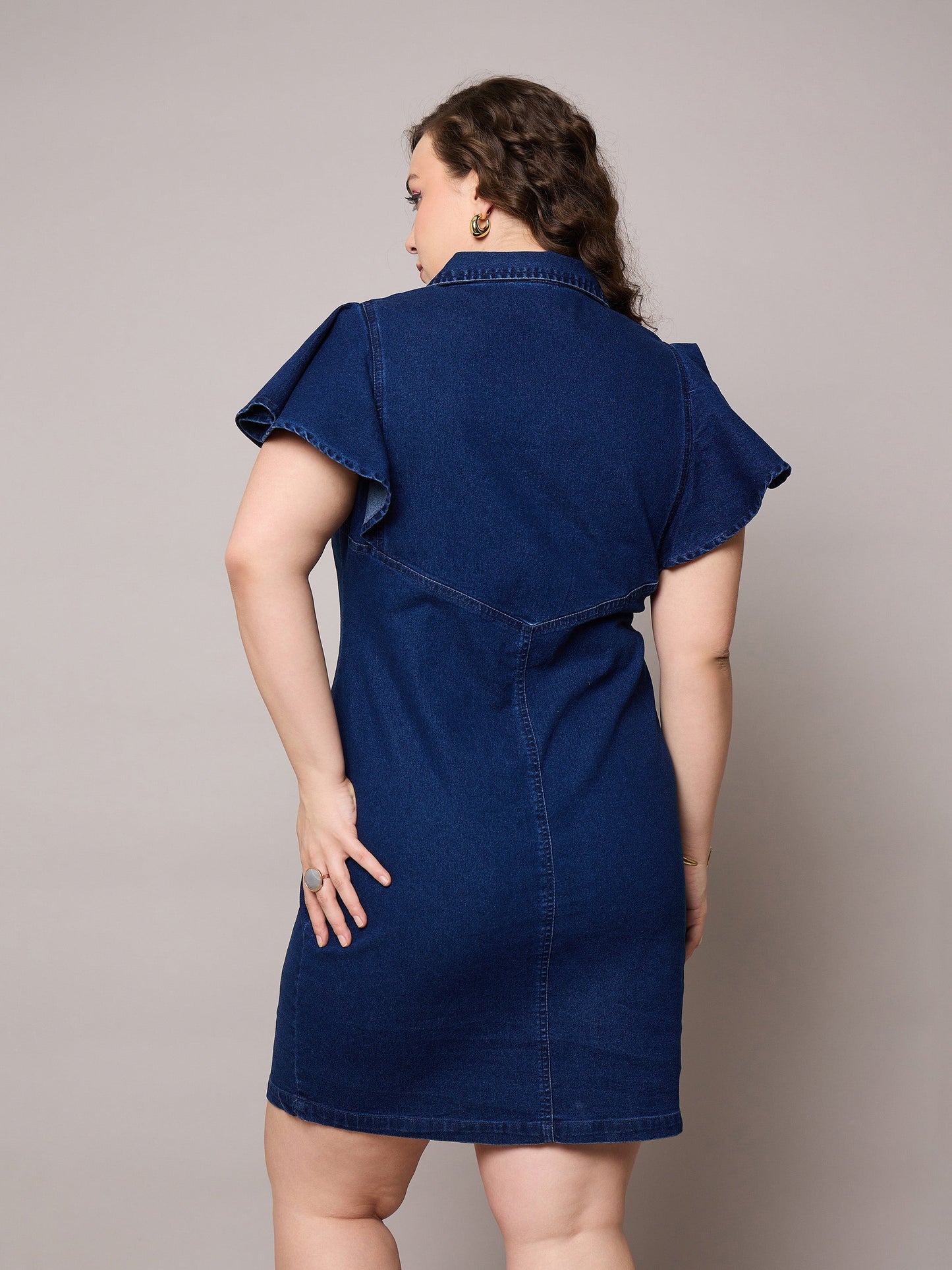 Navy Denim Front Button Short Dress-SASSAFRAS Curve