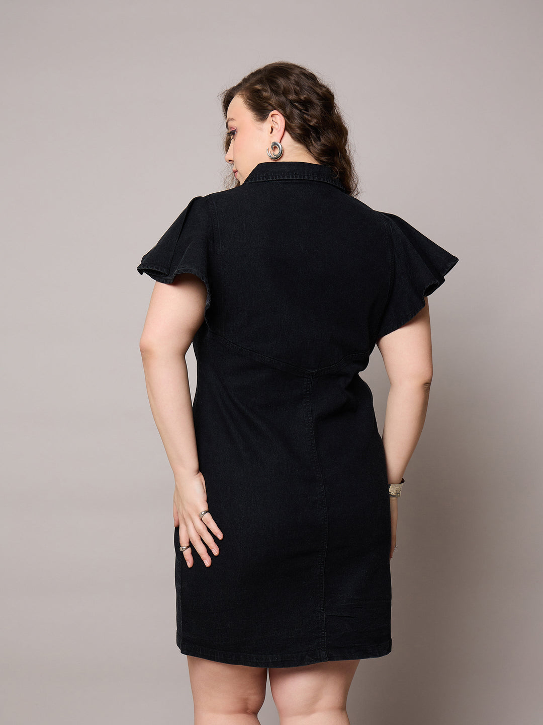 Black Denim Front Button Short Dress-SASSAFRAS Curve
