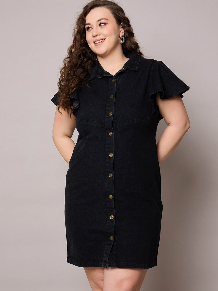 Black Denim Front Button Short Dress-SASSAFRAS Curve