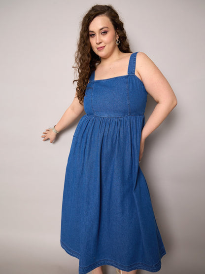 Plus size women's Navy Tencel Navy Tencel Strappy Midi Dress by Sassafras Curve for wholesale buyers, boutiques, resellers and bulk orders from