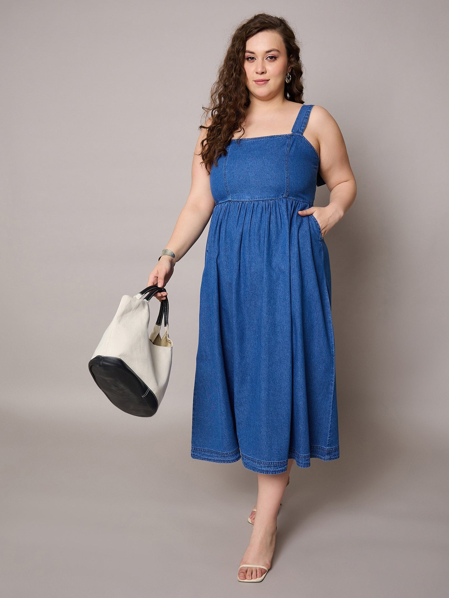 Navy Tencel Strappy Midi Dress-SASSAFRAS Curve