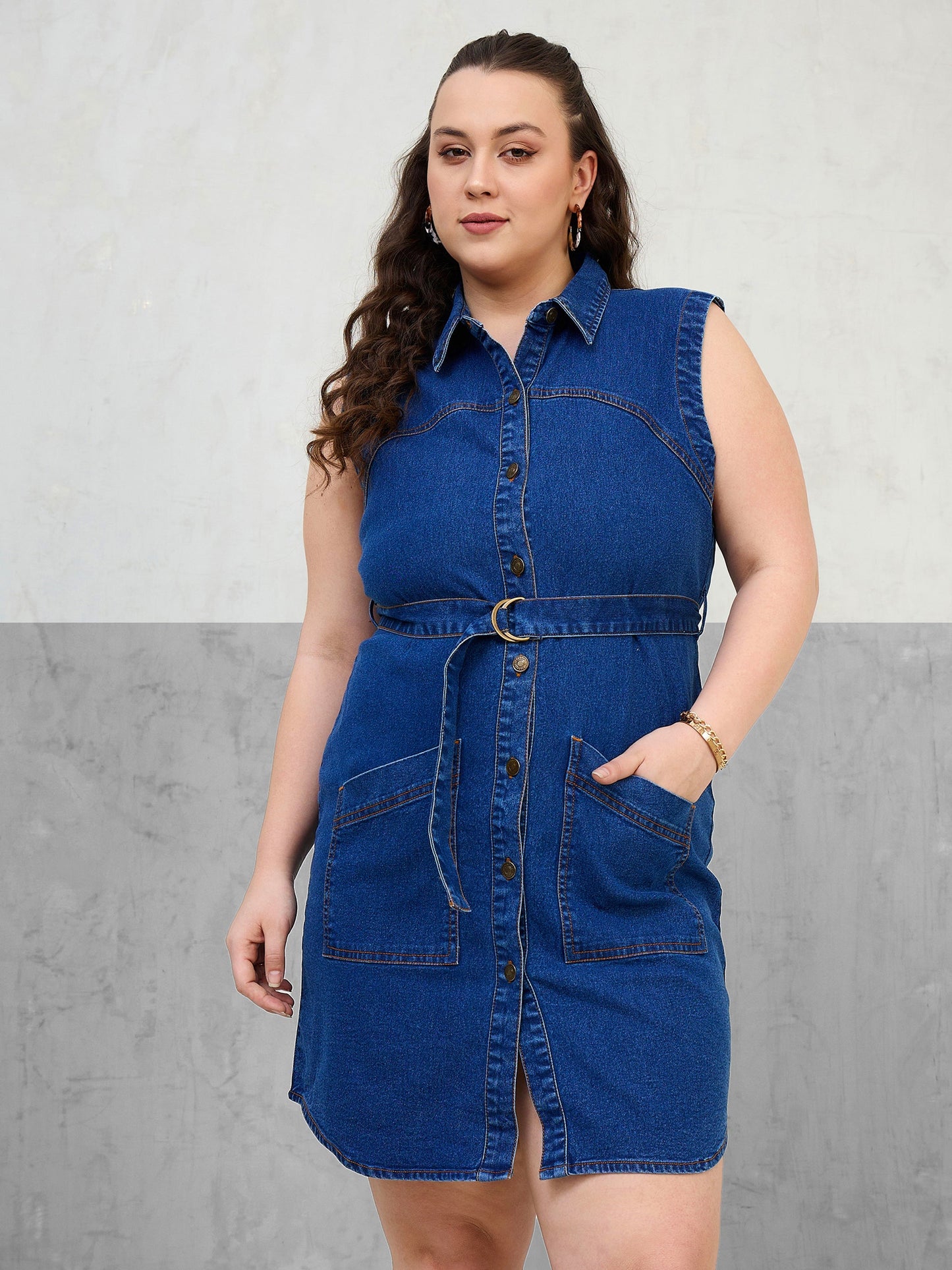 Plus size women's Navy Denim Navy Denim Sleeveless Short Dress by Sassafras Curve for wholesale buyers, boutiques, resellers and bulk orders from