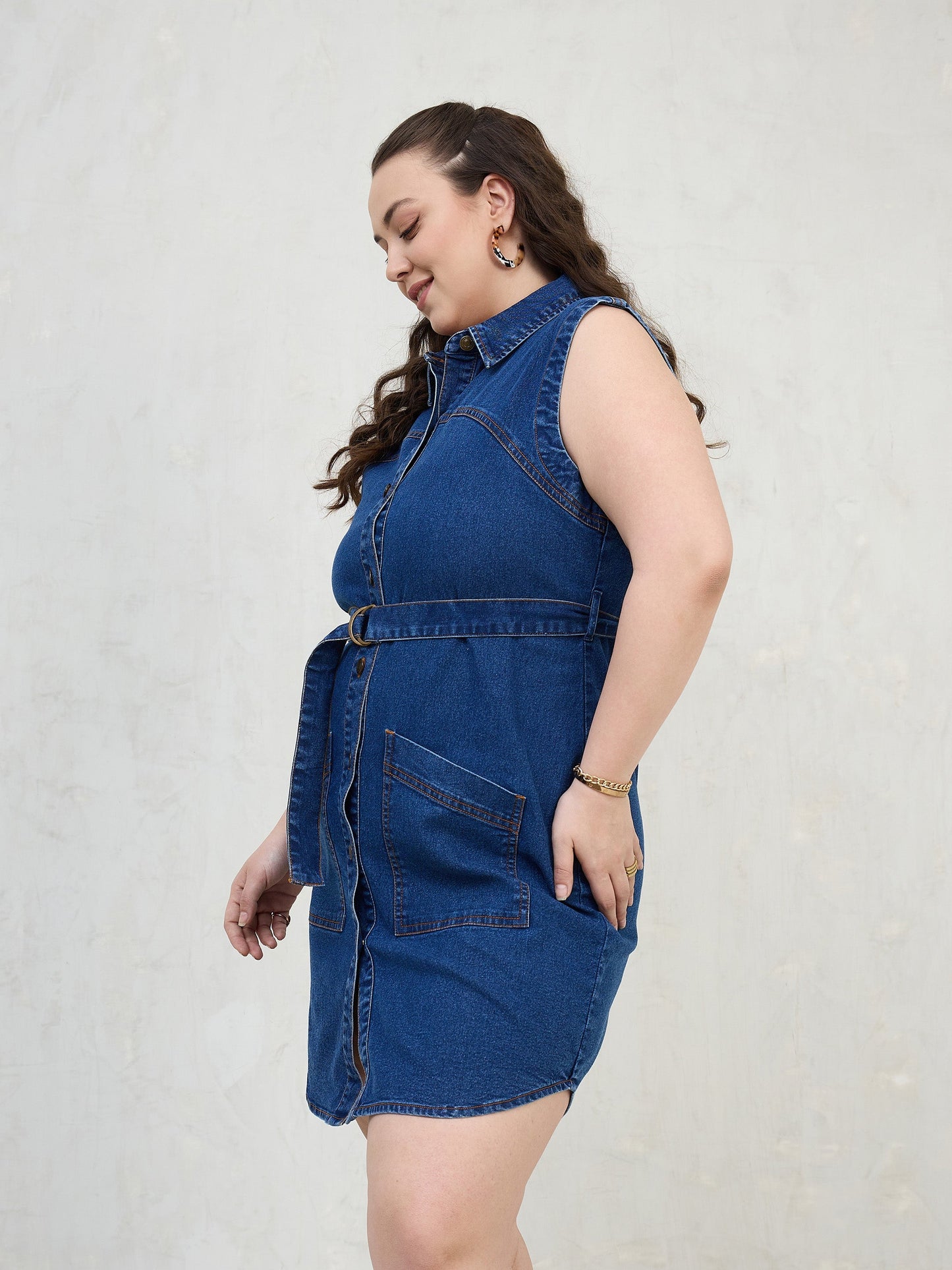 Navy Denim Sleeveless Short Dress-SASSAFRAS Curve