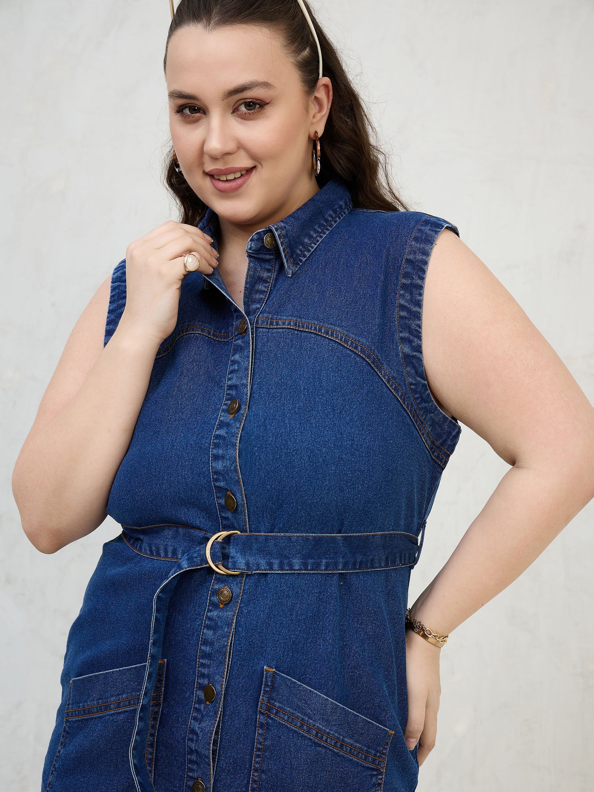 Navy Denim Sleeveless Short Dress-SASSAFRAS Curve