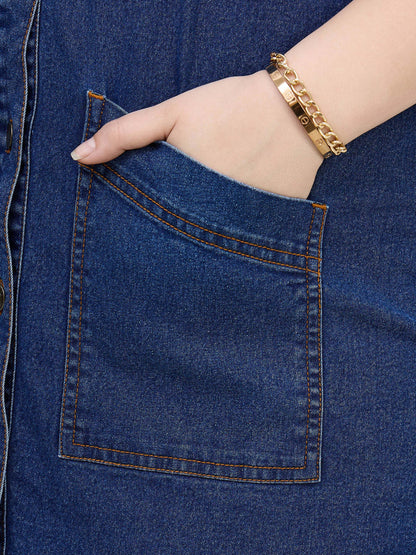 Navy Denim Sleeveless Short Dress-SASSAFRAS Curve