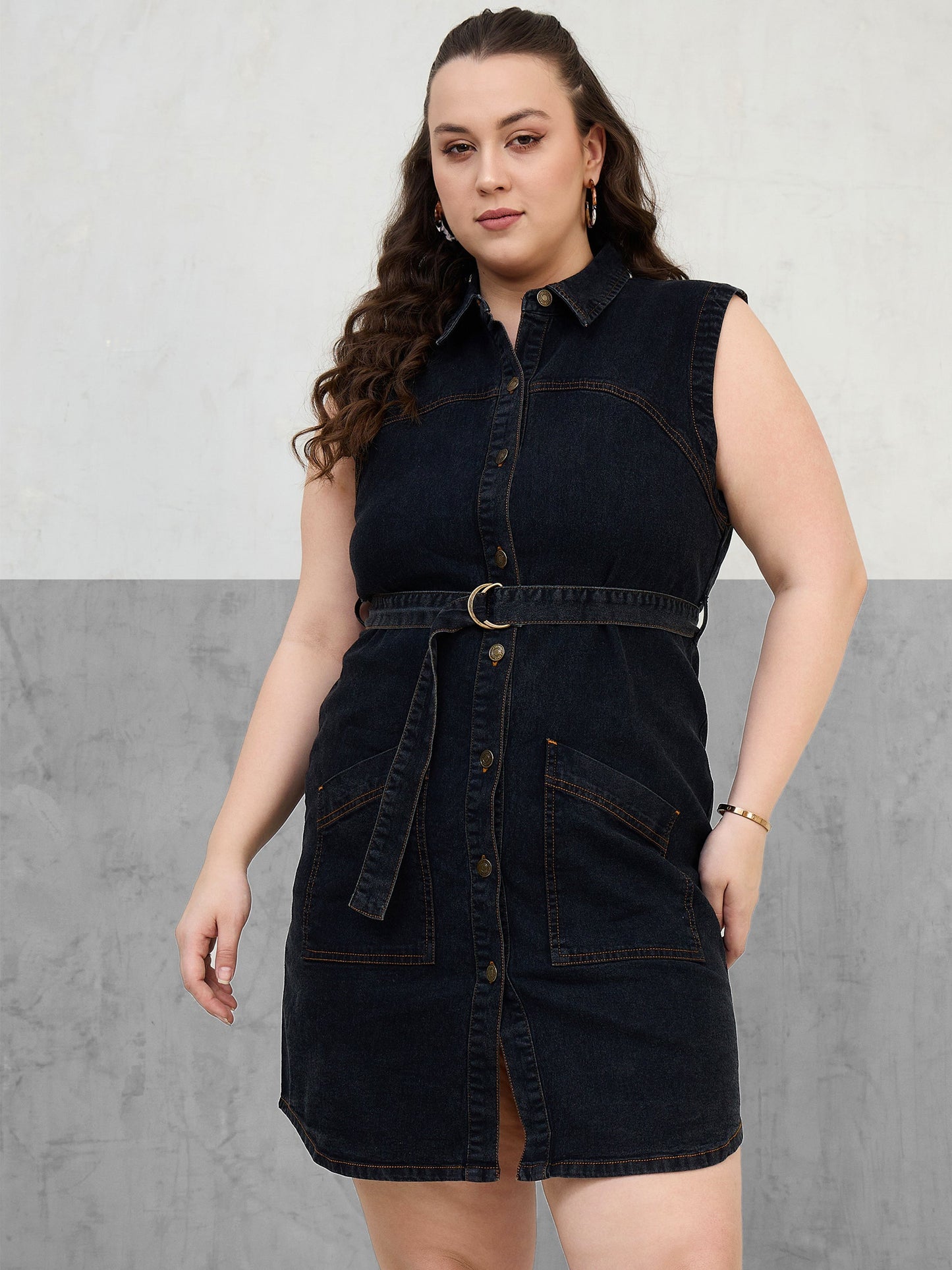 Plus size women's Black Denim Black Denim Sleeveless Short Dress by Sassafras Curve for wholesale buyers, boutiques, resellers and bulk orders from