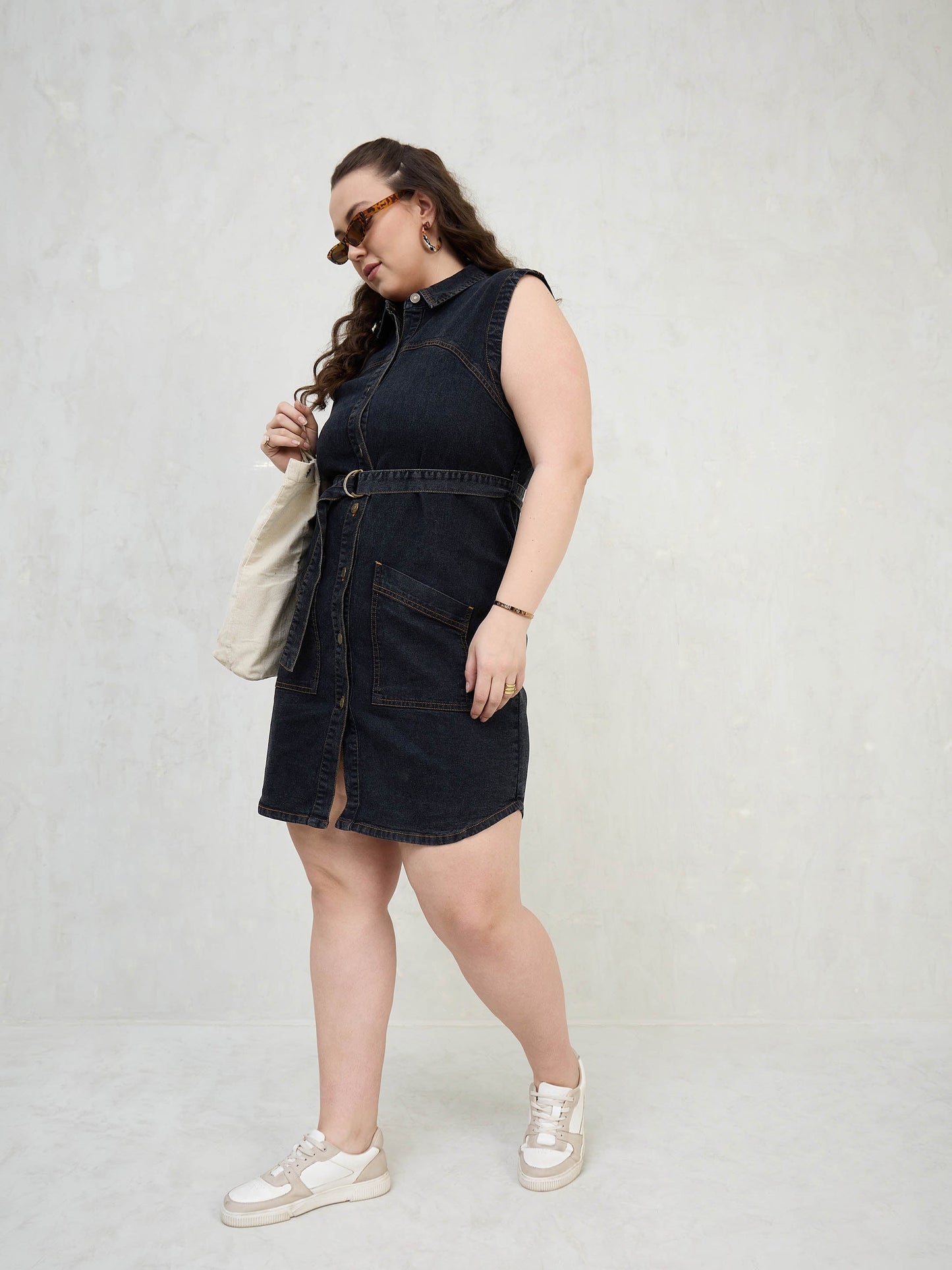 Black Denim Sleeveless Short Dress-SASSAFRAS Curve