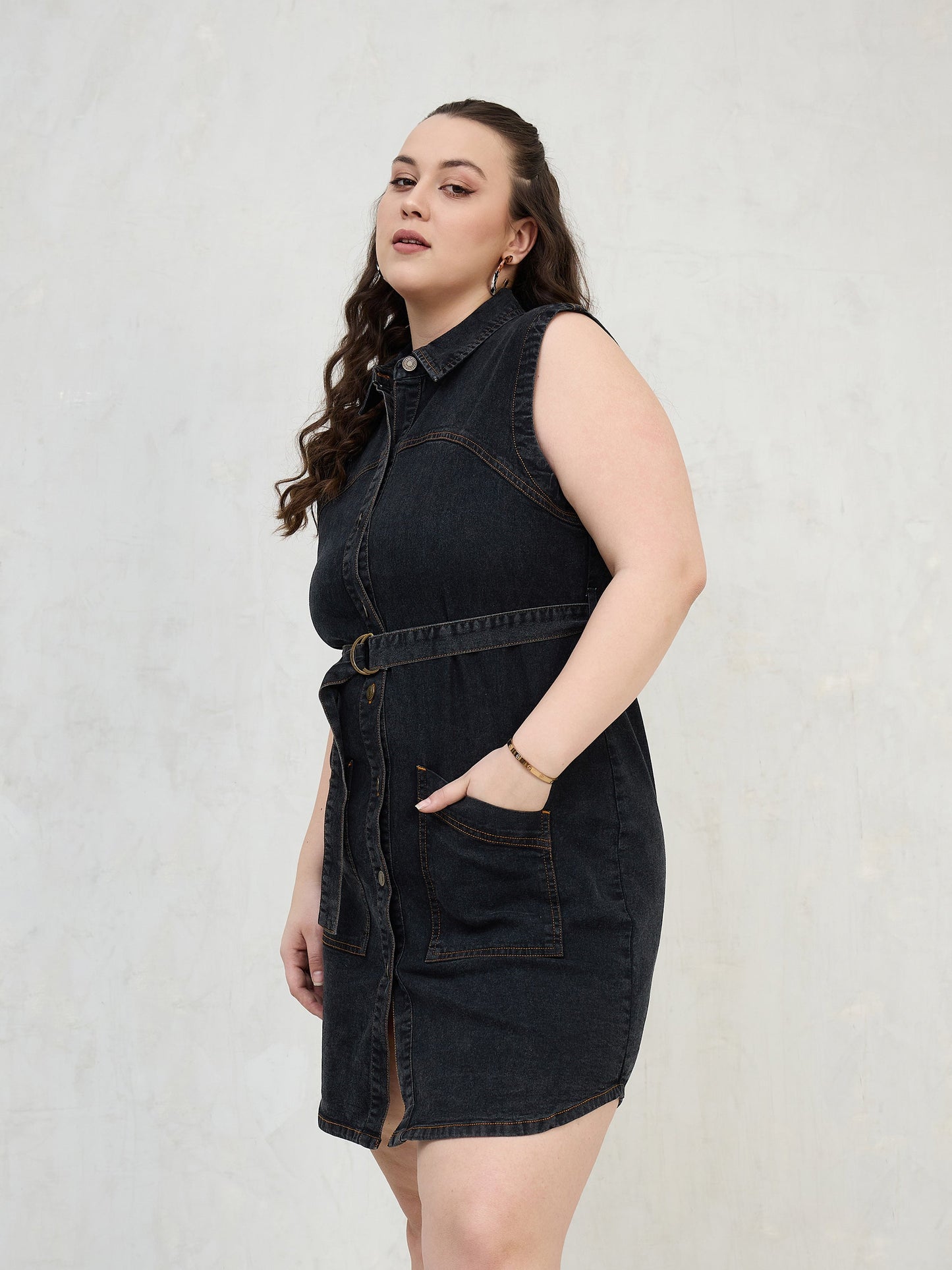 Black Denim Sleeveless Short Dress-SASSAFRAS Curve