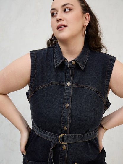 Black Denim Sleeveless Short Dress-SASSAFRAS Curve