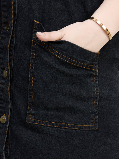 Black Denim Sleeveless Short Dress-SASSAFRAS Curve