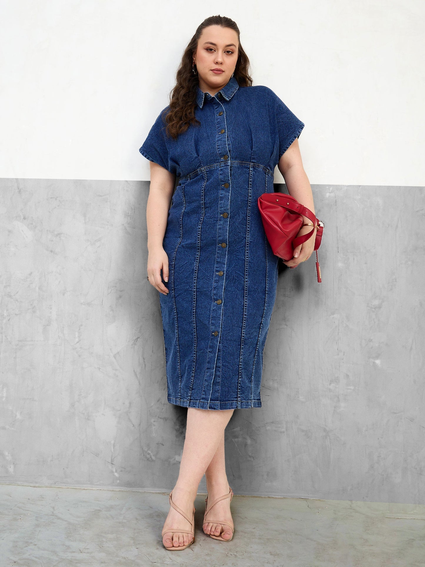 Plus size women's Navy Denim Navy Denim Kimono Sleeves Midi Dress by Sassafras Curve for wholesale buyers, boutiques, resellers and bulk orders from
