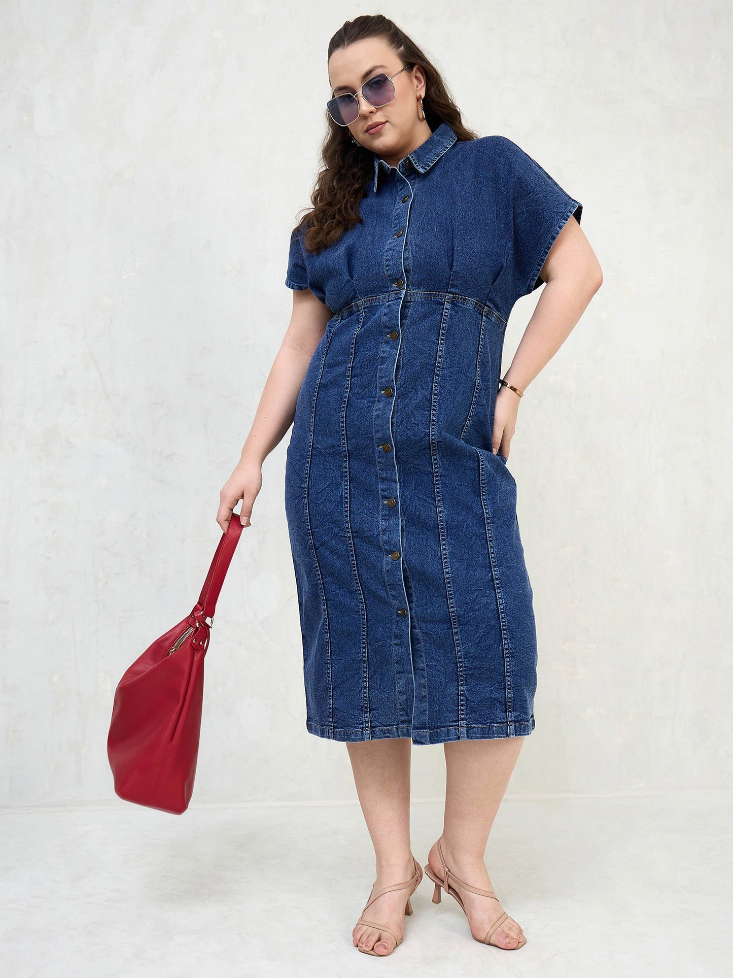 Navy Denim Kimono Sleeves Midi Dress-SASSAFRAS Curve