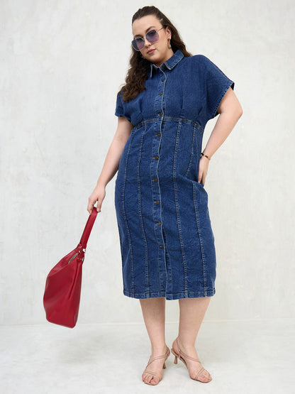 Navy Denim Kimono Sleeves Midi Dress-SASSAFRAS Curve