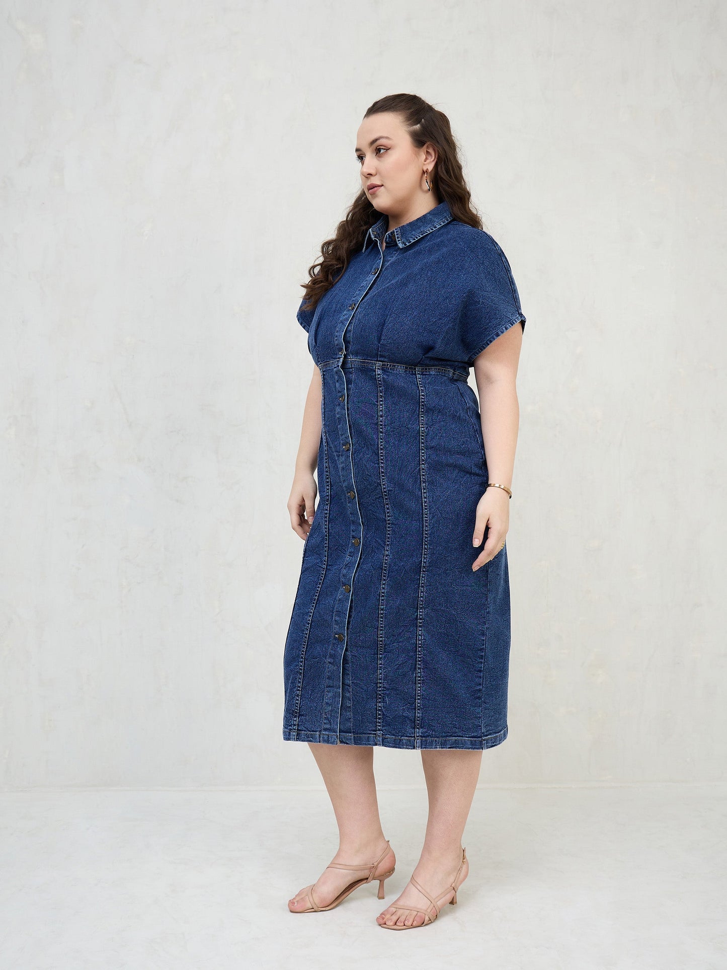 Navy Denim Kimono Sleeves Midi Dress-SASSAFRAS Curve