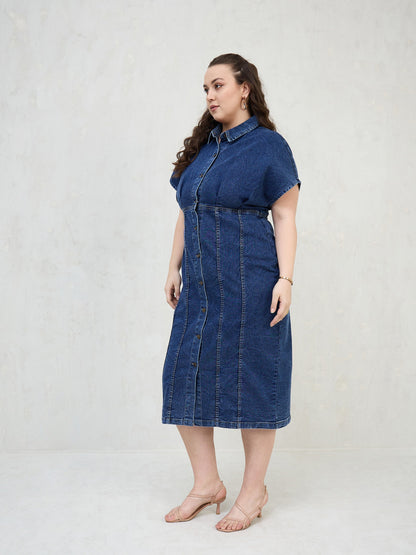Navy Denim Kimono Sleeves Midi Dress-SASSAFRAS Curve