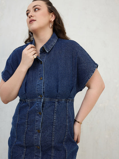 Navy Denim Kimono Sleeves Midi Dress-SASSAFRAS Curve