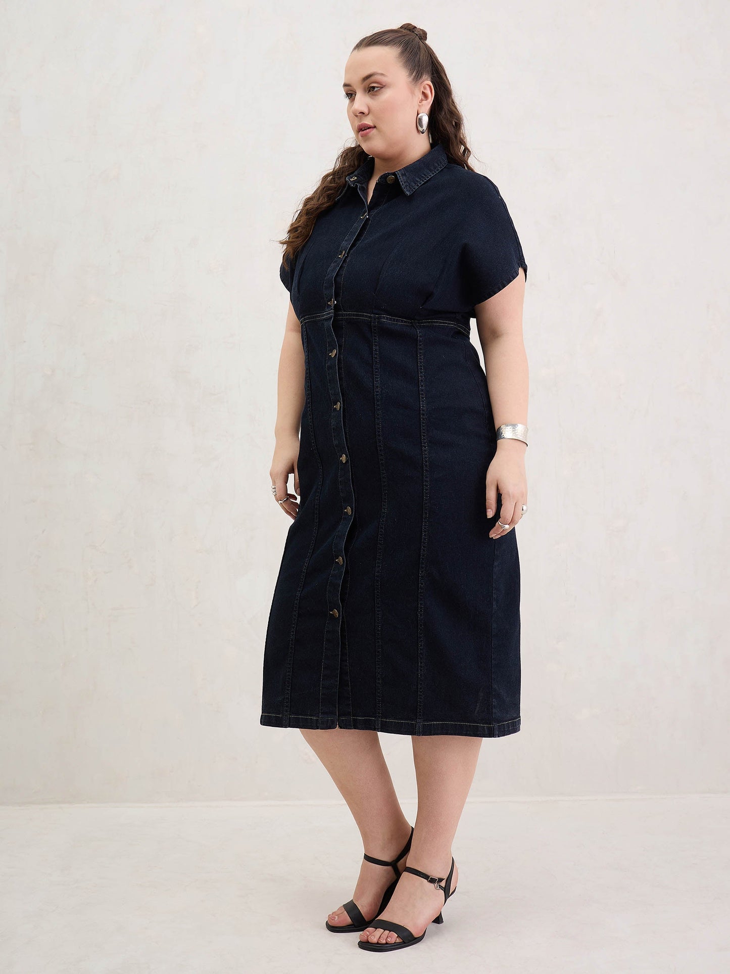 Black Denim Kimono Sleeves Midi Dress-SASSAFRAS Curve
