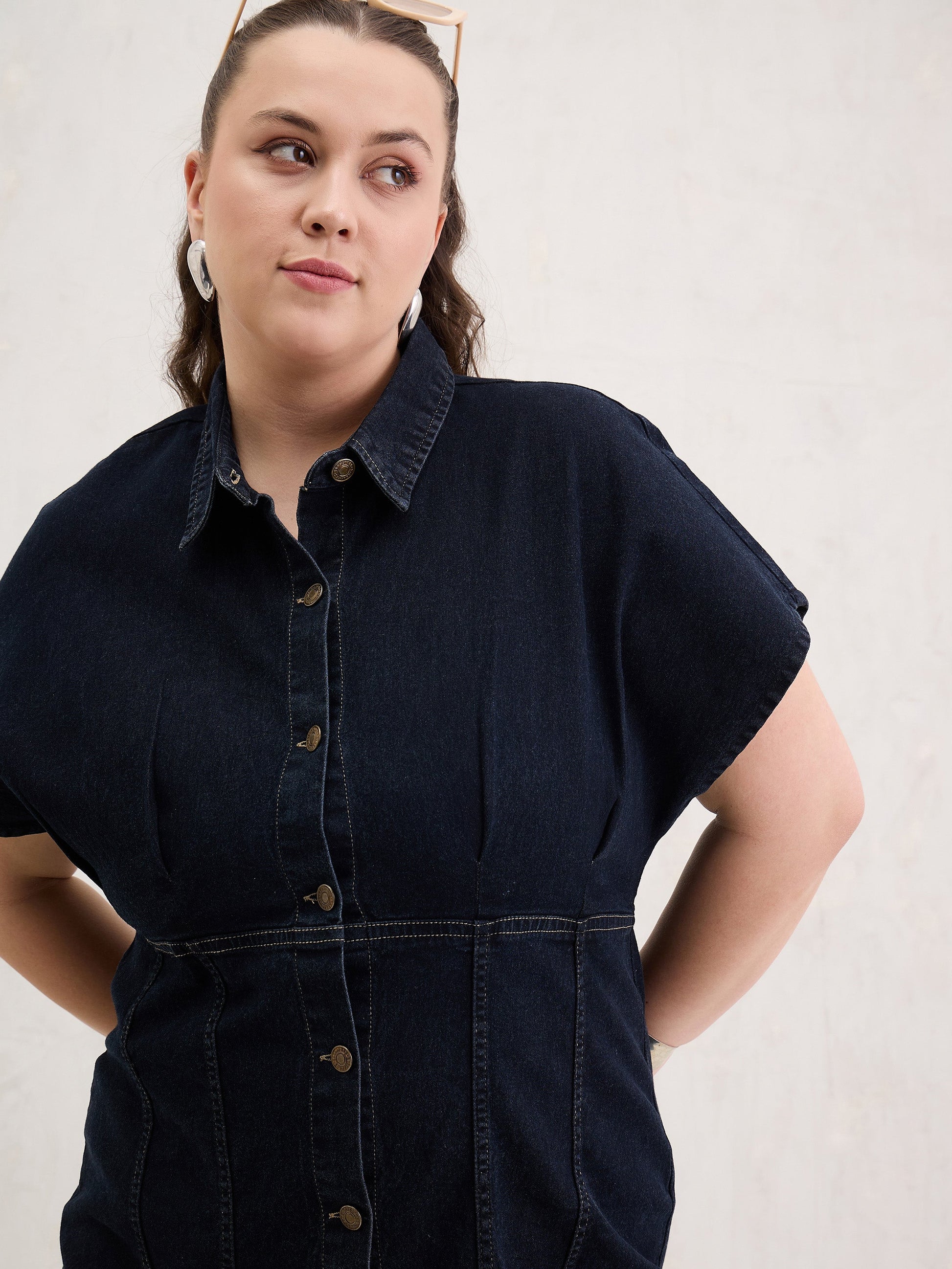 Black Denim Kimono Sleeves Midi Dress-SASSAFRAS Curve