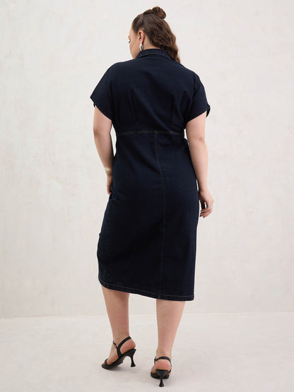 Black Denim Kimono Sleeves Midi Dress-SASSAFRAS Curve