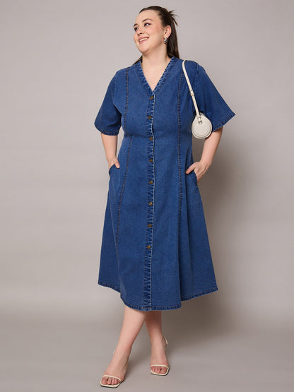 Plus size women's Navy Denim Navy Denim V Neck Midi Dress by Sassafras Curve for wholesale buyers, boutiques, resellers and bulk orders from