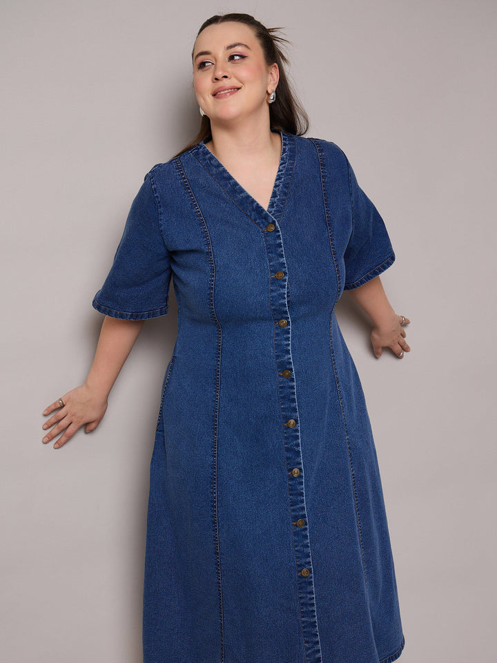 Navy Denim V Neck Midi Dress-SASSAFRAS Curve