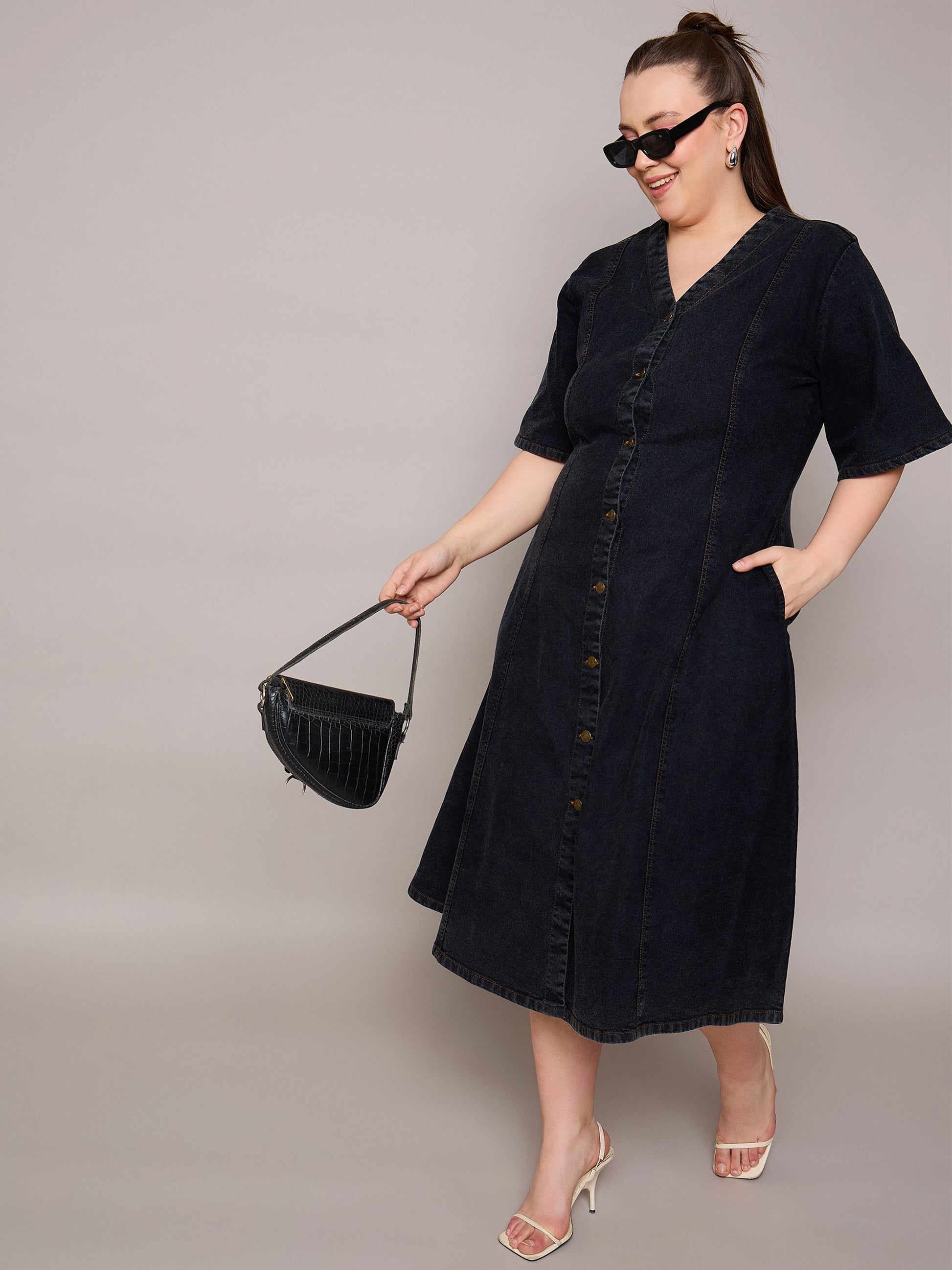 Plus size women's Black Denim Black Denim V Neck Midi Dress by Sassafras Curve for wholesale buyers, boutiques, resellers and bulk orders from