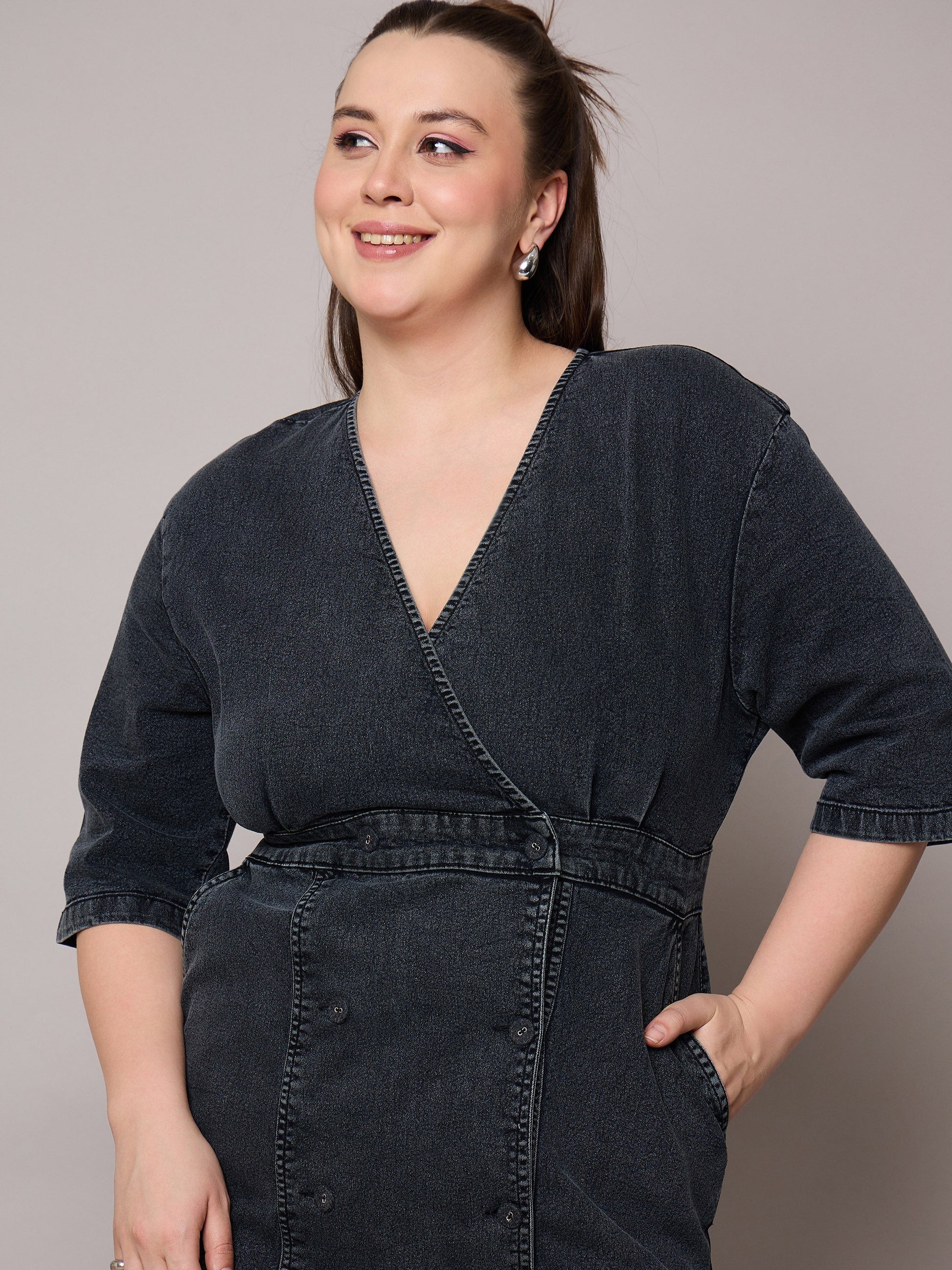 Black Denim Wrap Neck Midi Dress-SASSAFRAS Curve