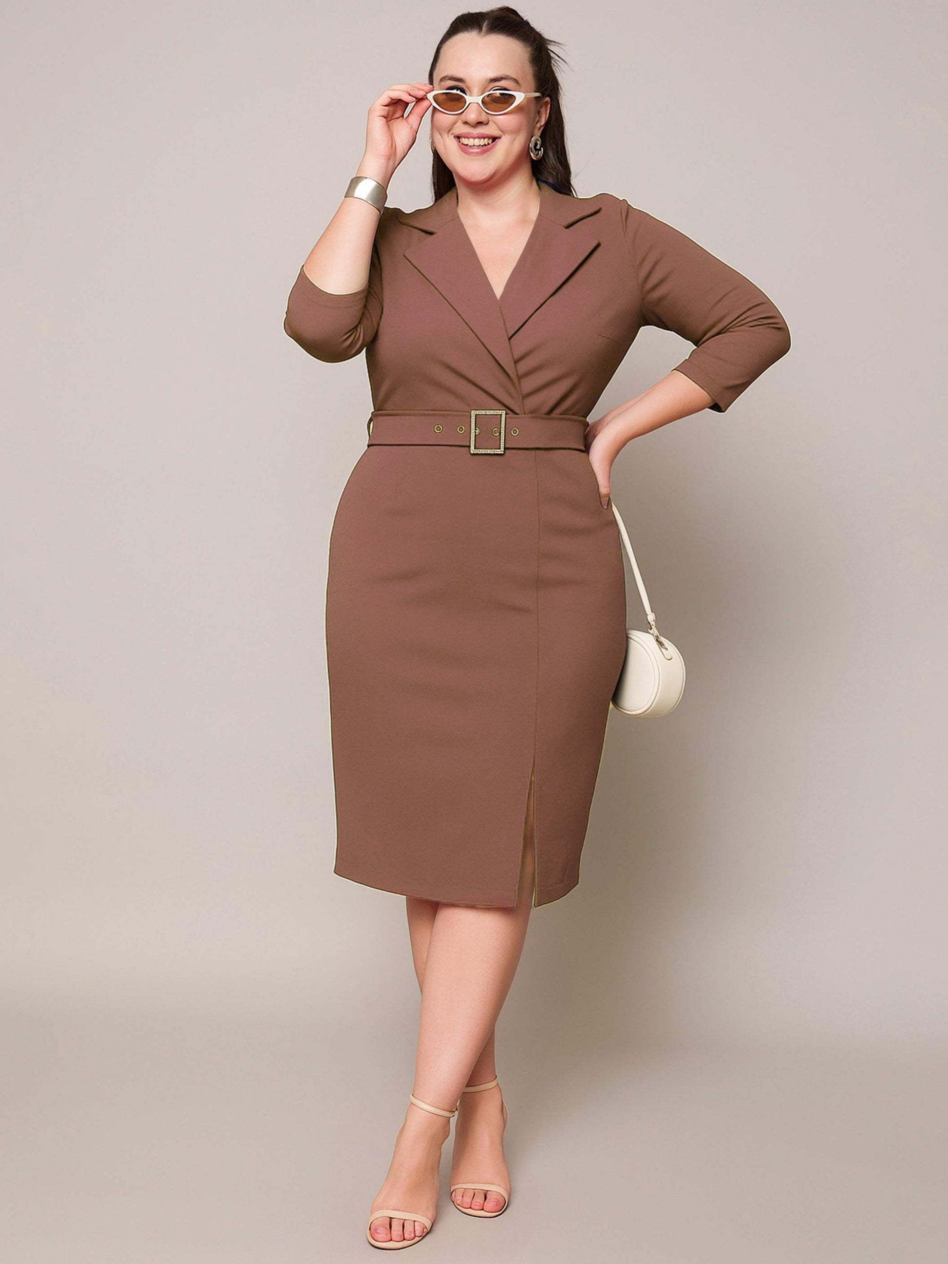 Plus size women's Brown Karera Crepe Brown Notch Collar Belted Bodycon Dress by Sassafras Curve for wholesale buyers, boutiques, resellers and bulk