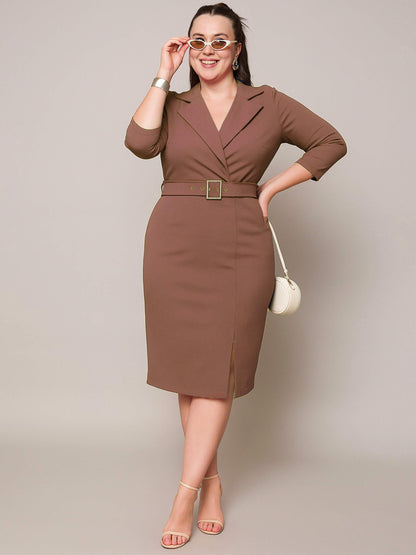 Plus size women's Brown Karera Crepe Brown Notch Collar Belted Bodycon Dress by Sassafras Curve for wholesale buyers, boutiques, resellers and bulk